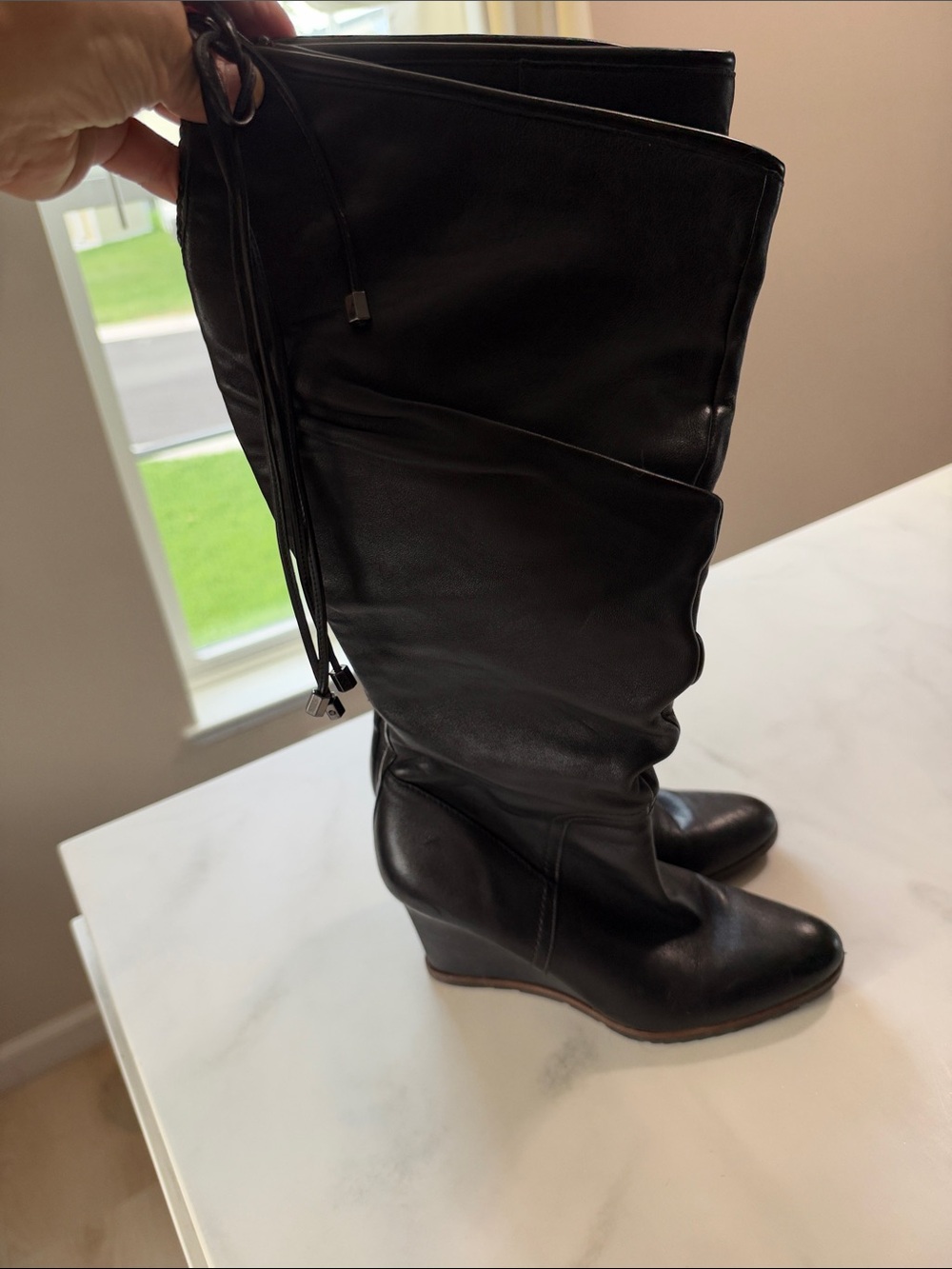 Women's Black Leather Knee-High Wedge Boots